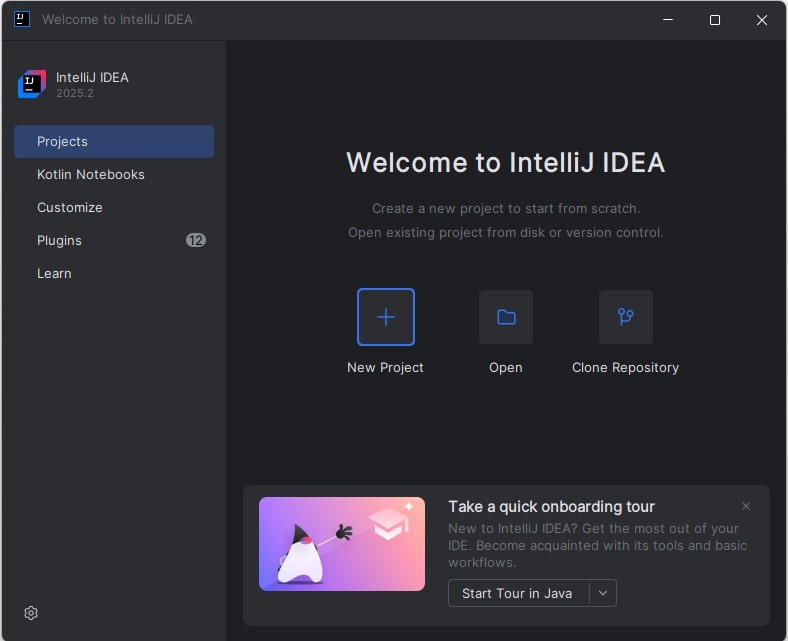 IntelliJ Idea IDE Installed welcome page