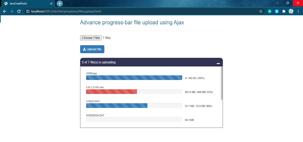 Java file upload ajax - project running preview