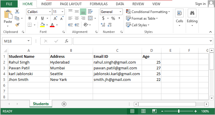 Excel file with students data