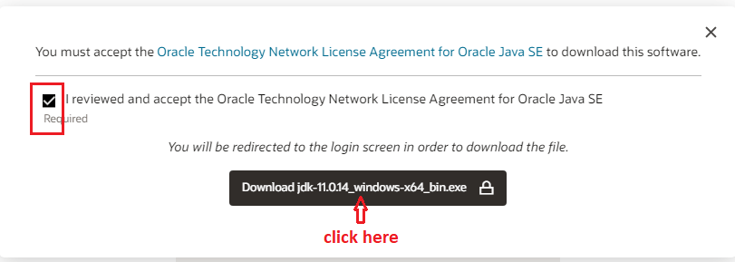 JDK Download accept the license agreement