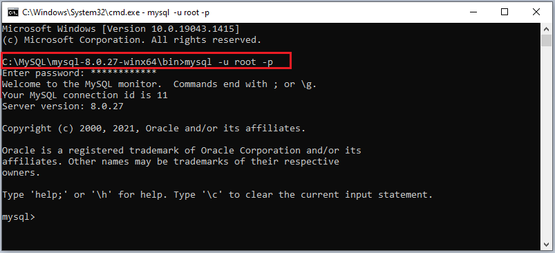 connect mysql server using command prompt