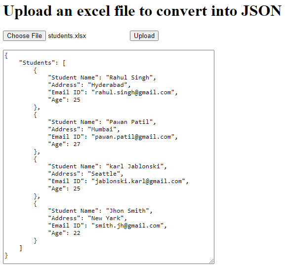 Excel file data to convert into JSON