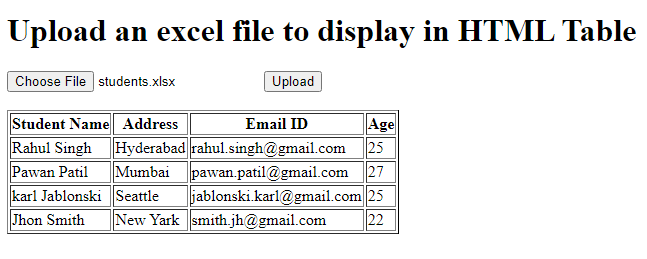 Excel file to display in HTML Table