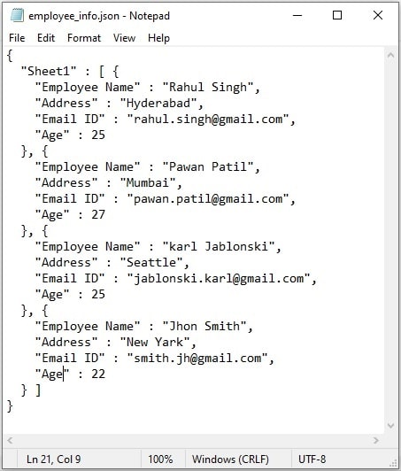 JSON to Excel - employee_info.json file