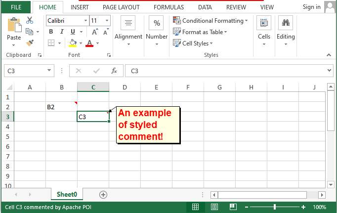 Add excel cell comment in java using apache poi