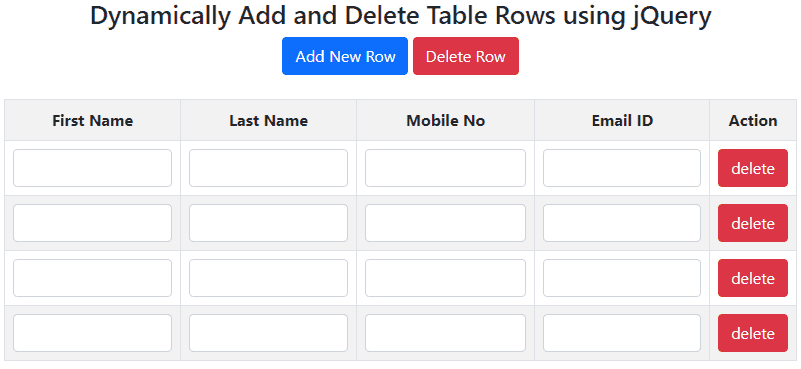 dynamically add/delete table rows jquery bootstrap table