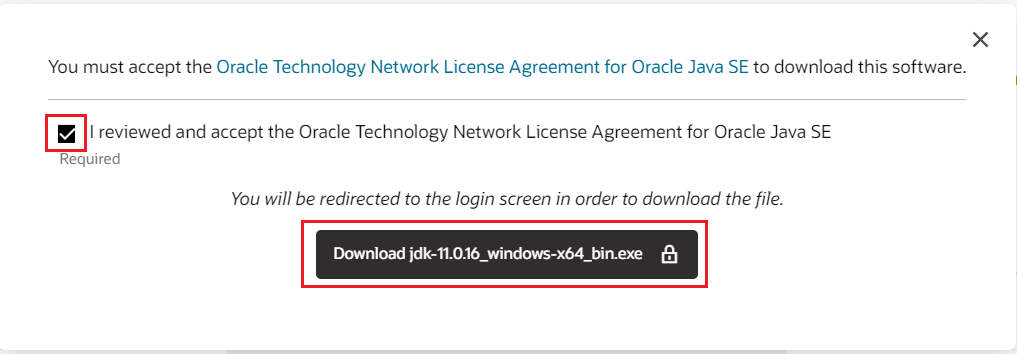 JDK Download accept the license agreement