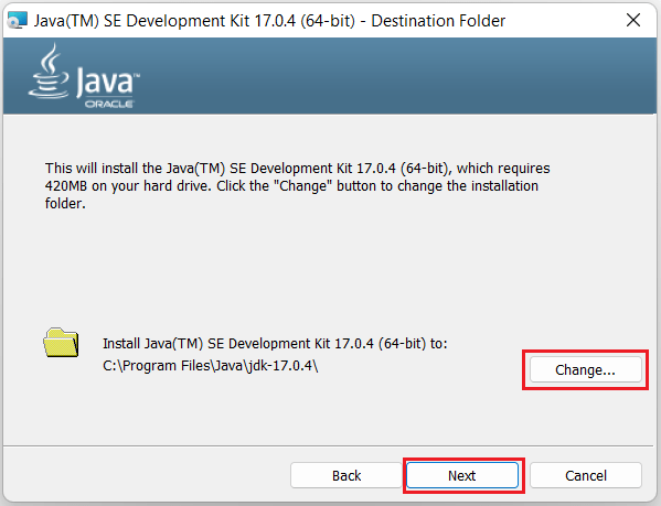 JDK 17 Installation on Windows change destination folder