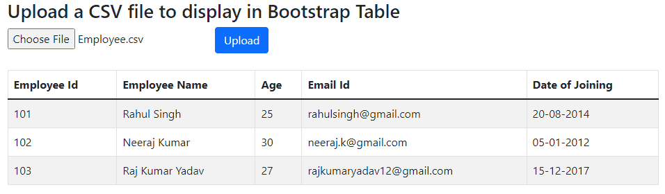 Upload CSV to display in Bootstrap table