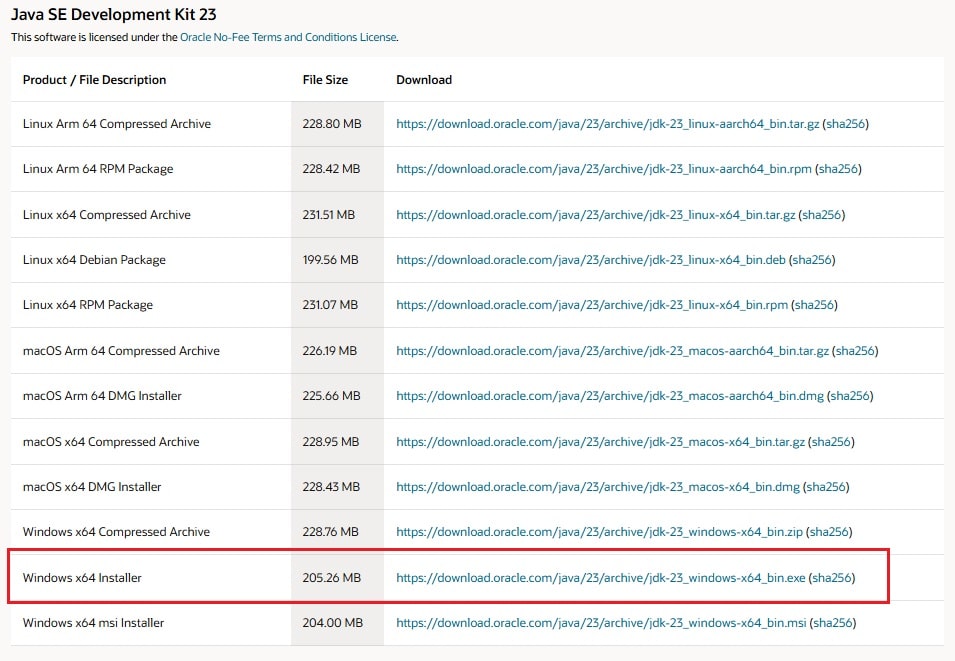 Download JDK 23 for Windows 11 64-bit