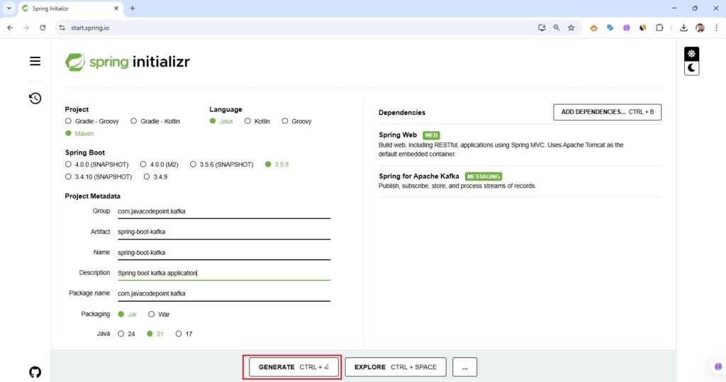 spring initializer for spring boot kafka integration