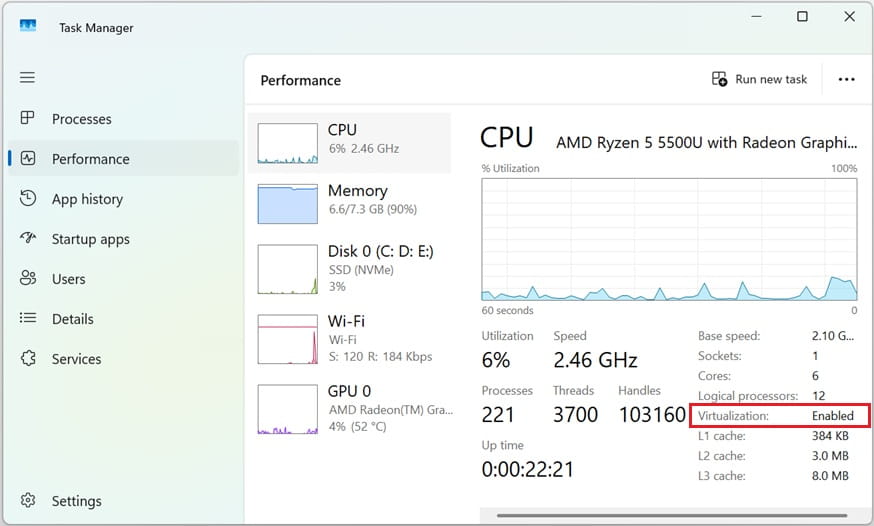 How to Install Docker Desktop on Windows (Step-by-Step Guide) 2 Task Manager showing Virtualization Enabled