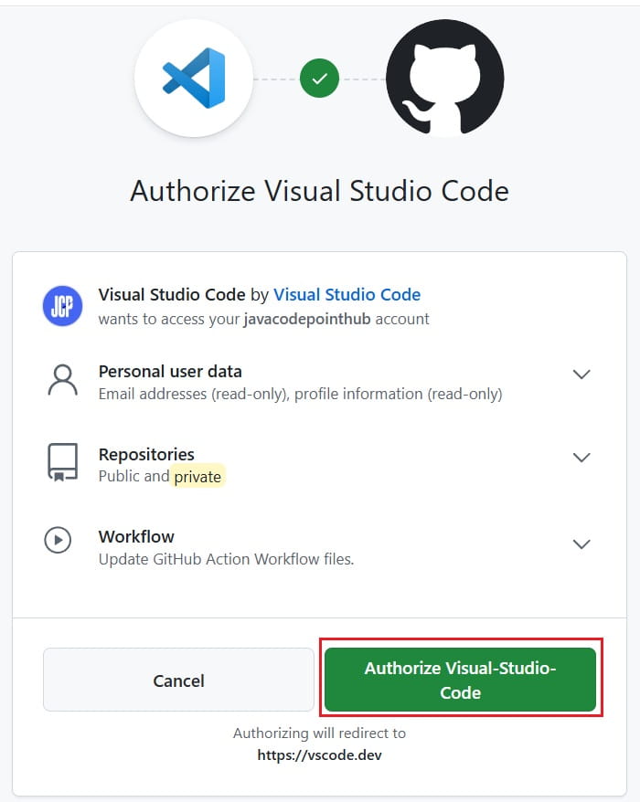 Authorize vs code to continue
