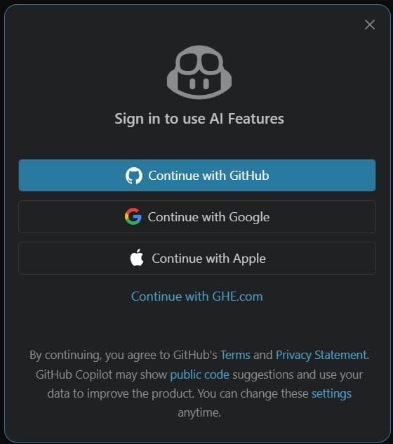 sign in to use AI features in vs code