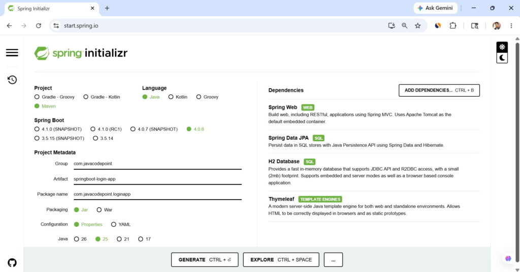 spring boot login app creation