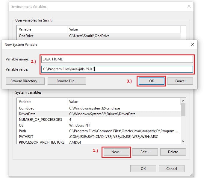 Java 25 environment variable setup on windows