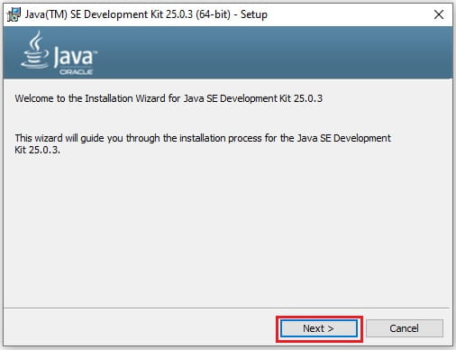 Java 25 installation start for windows 64bit