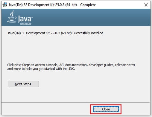 Java 25 installation successful for windows