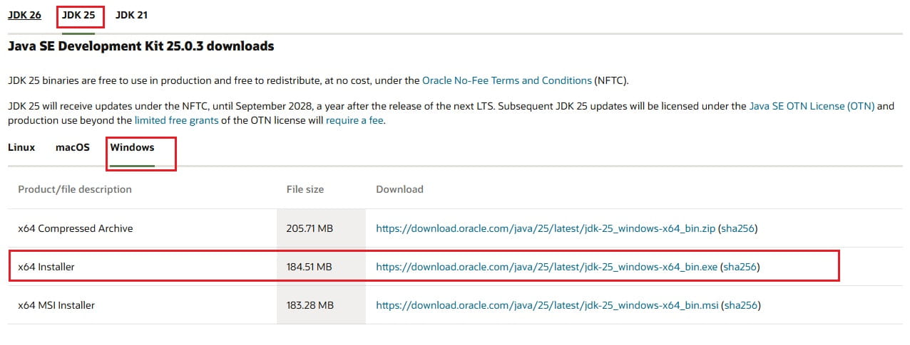 Download JDK 25 for Windows 10 64-bit