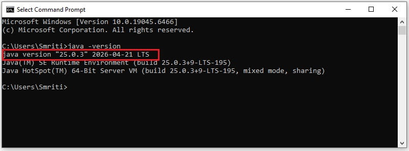 Java 25 successful installation verify on windows